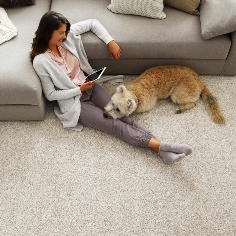 woman-on-carpet-with-dog | Haley's Flooring & Interiors